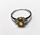 9ct Gold Ring Yellow Citrine with Diamonds Each Side UK Ring Size O - 9ct White