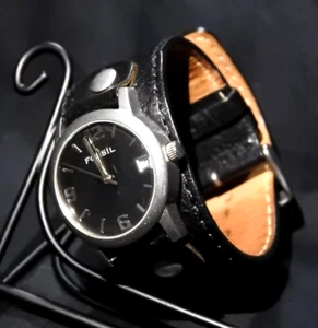 Fossil Women's Wide Black Leather Round Dial Watch - Picture 1 of 7