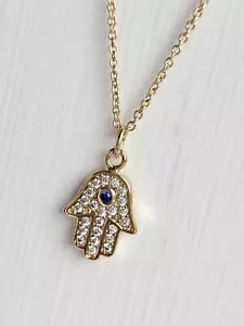 Pave Hamsa Pendant Blue Evil Eye Gold Hamsa Hand Necklace Turkish Nazar Talisman - Picture 1 of 9