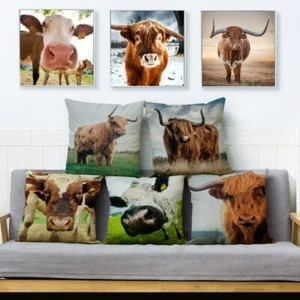 Farm Highland Cattle Dairy Cow Print Cushion Cover Linen Square Sofa Home Decor - Picture 1 of 37