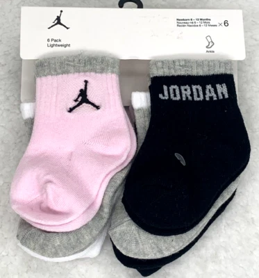 耐克 Jordan 婴儿船袜 6-12 M 6-Pk Jumpman 23 标志黑色灰色粉色 — 第 1/4 张图片