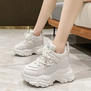 Damen Freizeit Atmungsaktiv Plateau Sneaker Schnürstiefel Keilabsatz High Heels Schuhe - Bild 1 von 28