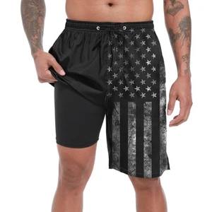 Mens Swim Trunks with Compression Liner, Vintage Black American Flag Mens Bat... - Picture 1 of 9