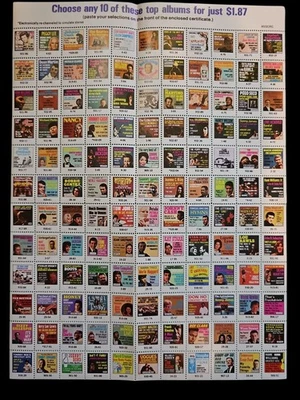 Vintage 1970s Music Club Record Sticker Stamp Sheet Johnny Cash Beatles Elvis - Image 1 of 4