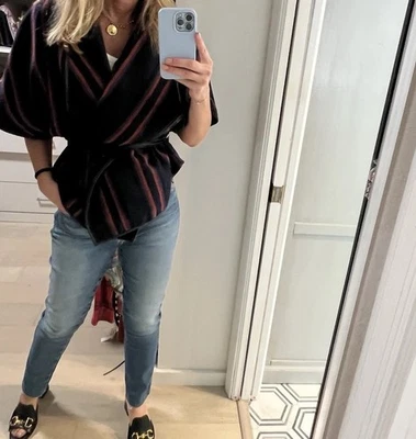 Chaqueta envolvente BB Dakota con ribete y cinturón de cuero sintético, tela de mezcla de lana a rayas Foto 1 de 4