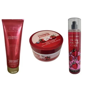 3 BATH BODY WORKS STRAWBERRY POUND CAKE BODY BUTTER + Body CREAM + BODY MIST - Picture 1 of 1