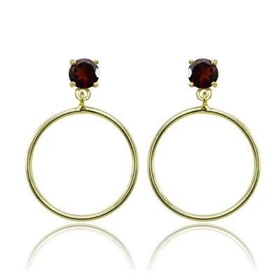 Yellow Gold Flashed Sterling Silver 6mm Garnet Dangling Round Hoop Stud Earrings - Image 1 of 3