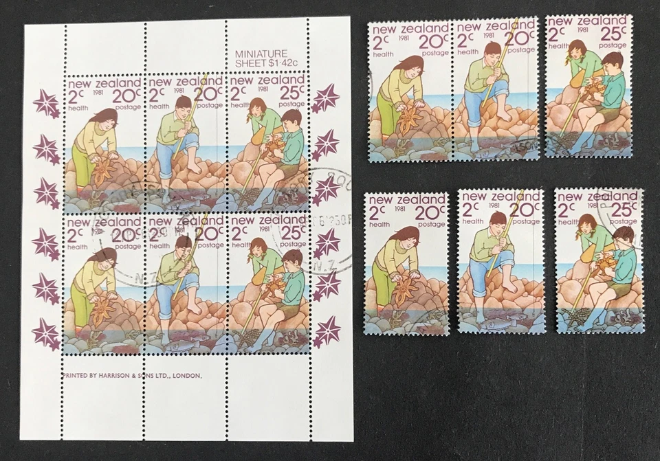 New Zealand 1981  "Starfish, Fishing & Crab" Used Mini Sheet, Joined Pair + 4 — 第 1/1 张图片