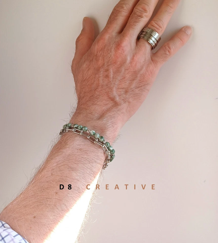Nuevo Hombre Natural Mancha Verde Jaspe Piedra Con Plata Acero Inoxidable Pulsera Foto 1 de 4