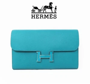 NYJEWEL Hermès Bleu Paon Epsom Constance Logo Long Wallet Original Price Tag - Picture 1 of 8