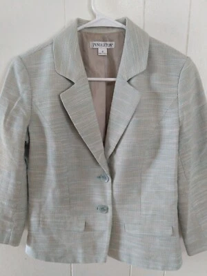 Chaqueta Blazer Pendleton Mujer Mezcla de Lino Manga 3/4 Azul Tweed Carrera Talla 8 Foto 1 de 4