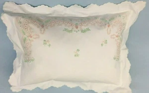 Beautiful Peach & Green Hand Emb Cotton Boudoir Sham Made in Madeira 12" x 16" - Picture 1 of 5