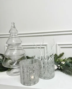 Shabby Chic Glass Christmas Hurricane Tree Design Candle Holder Home Decor Gift - Picture 1 of 2