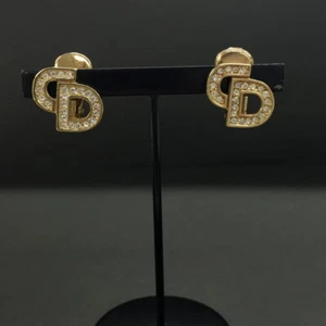 Christian Dior CD Logo Rhinestone Gold Tone Earrings/7BE0261 - Picture 1 of 8
