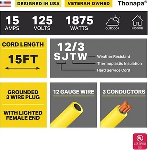 15 Ft Lighted Outdoor Extension Cord -3 Power Outlet-12/3 SJTW Heavy Duty Yellow - Picture 1 of 5