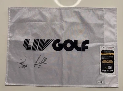 Dustin Johnson Henrik Stenson Autographed White Liv Golf Flag JSA COA - Image 1 of 2