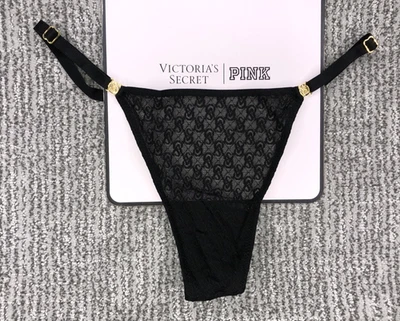 Victorias Secret Muy Sexy Nuevo con Etiquetas Grande Negro Encaje Icono Ajustable Tanga Panty Logo Foto 1 de 4