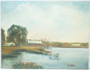 Beautiful Vintage Impressionist Landscape Oil Painting by G. Waas, Fishing Boats - Picture 1 of 9