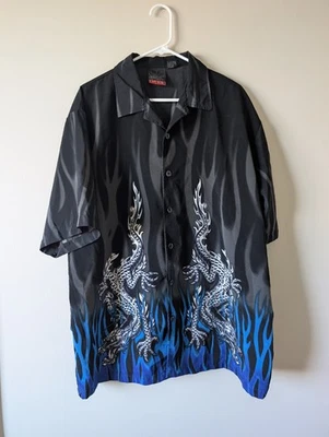 Camisa C-Two Para Hombre XL Abotonada Negra Azul Estampado Dragón Manga Corta Poliéster Foto 1 de 3