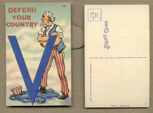 2 1940s WWII Military Defend Your Country V Uncle Sam Tichnor Linen Postcard - Picture 1 of 1