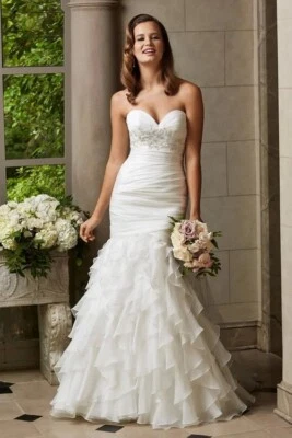 WTOO Ivory Embellished Strapless Organza Ruffle Wedding Gown Size 10 $1899 - Image 1 of 4