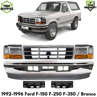 Front Bumper Chrome Steel & Headlight Kit For 1992-1996 Ford F-150 F-250 F-350 Foto 1 de 4
