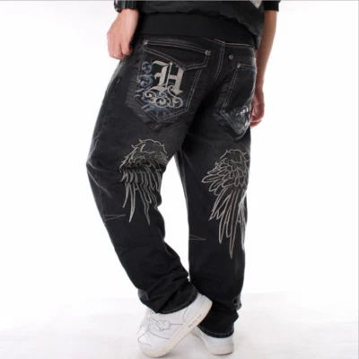 Mens Jeans Denim Embroidery Baggy Loose Hip Hop Trousers Wing Relaxed Hip Hop
