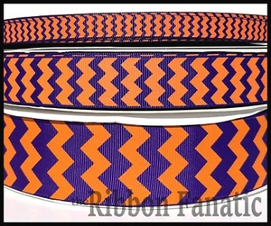 3 yds 3/8" 7/8" 1.5" Regal Purple and Orange Clemson Chevron Grosgrain Ribbon - Picture 1 of 1