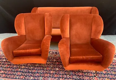Salón Años 70 Modernismo Diseño Sofá Con 2 Sillones Terciopelo Rojo • 1,365€
