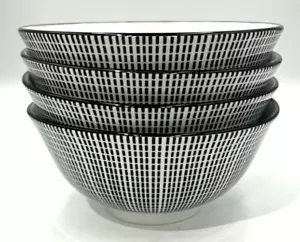 4 Royal Norfolk Black and White Dashed Pattern Stoneware Soup Cereal Bowl 6" - Picture 1 of 11