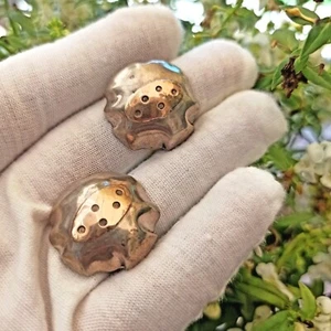 Artisan Vintage Clip Earrings Silver & Gold Israeli Art Modernist Puffy Deco Box - Picture 1 of 12