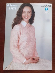 Patons 4 Ply Knitting Pattern No 3966 Ladies Sweater 32 - 42" Chest - Picture 1 of 3