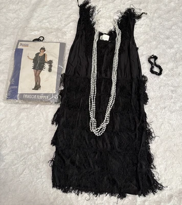 Costume Fashion Flapper Size Large Black Dress 4 Strands Plastic Beads & Garter - Image 1 of 4