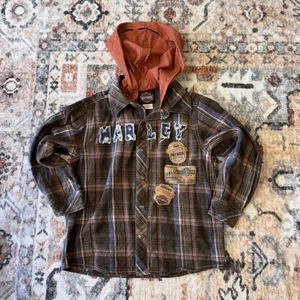 Harley Davidson Button down Boys Size 6, Hooded Flannel with patches - Picture 1 of 13