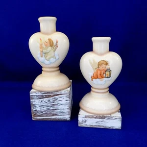 2 Hummel Goebel Angel Heart Shaped Ceramic Candle Holders / Candlesticks Vintage - Picture 1 of 8