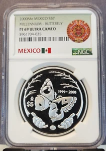 2000 MEXICO SILVER 5 PESOS MILLENNIUM BUTTERFLY NGC PF 69 ULTRA CAMEO - Picture 1 of 3