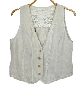 Vtg Coldwater Creek Linen Vest Womens XL 16 Beige Cottage Core Crochet Lace Boho - Picture 1 of 7
