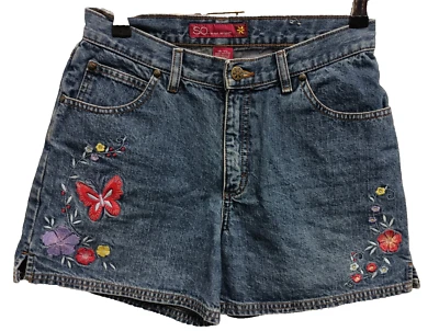 Pantalones cortos de jean vintage Y2K SO para mujer talla 14,5 azul denim bordado BOHO Foto 1 de 4