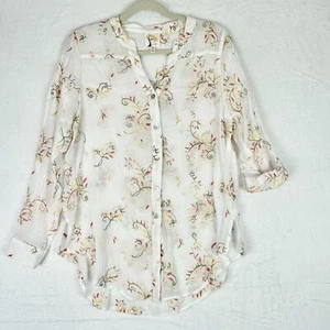 Fig And Flower Top Womens Large Floral Embroidered Gauze Long Sleeve White Boho - Picture 1 of 7