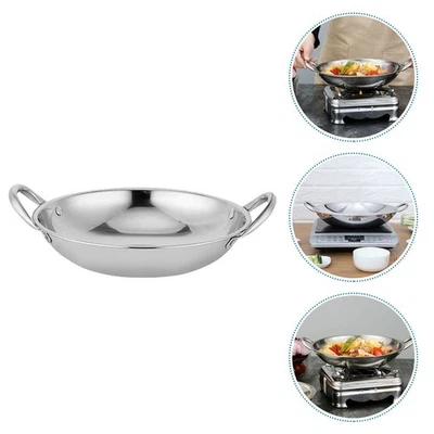  Pentola Acciaio Inox Utensili Da Cucina Inossidabile Doppio Manico Wok - Immagine 1 di 4