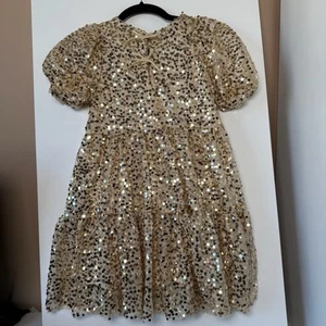 Zara Girls Gold Sequin Dress Size 8 Wedding Party Puff Sleeve Birthday Grad - Picture 1 of 8