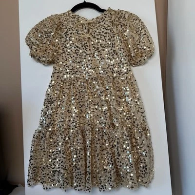 Zara Girls Gold Sequin Dress Size 8 Wedding Party Puff Sleeve Birthday Grad - Image 1 of 4