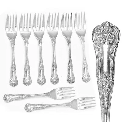 Antiguo juego de 8 tenedores de ensalada de Birks de plata de ley con patrón de reinas Foto 1 de 3