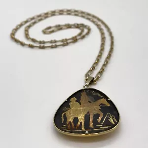 Vintage Large Damascene Don Quixote Sancho Pendant Necklace Long 86cm Chain - Picture 1 of 4