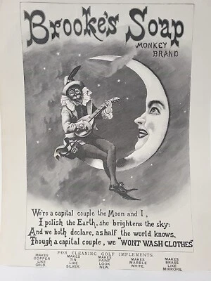 Anuncio impreso de la marca Brooke's Soap Monkey de 1891 The Graphic Smiling Moon Juglar Star Foto 1 de 2