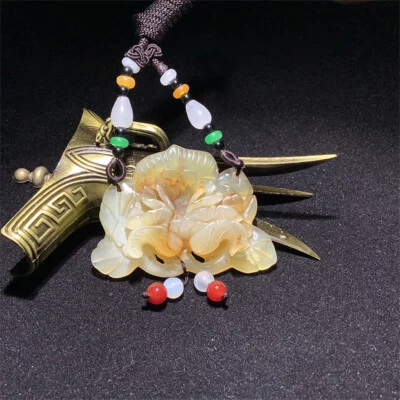 100% Natural Hand-carved Jade Pendant Jadeite Necklace peony flower A-144 - Image 1 of 4
