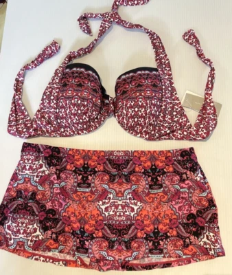 Kenneth Cole Pink Paisley M Suit D Cup Underwire Bikini Skirted Skirtini - Image 1 of 4