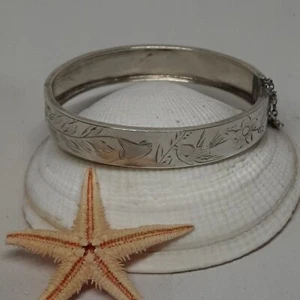 Bonito Pulsera De Mujer de Plata Maciza Cabeza De Jabalí Período 1900 Flores - Imagen 1 de 10