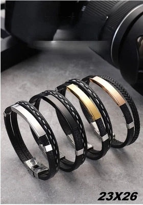 Edelstahl Leder Armband Silber Gold Schwarz PU Leder geflochtenes Armband - Bild 1 von 4