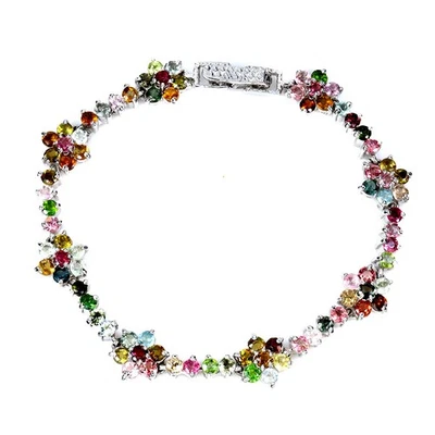 925 Sterling Silver Bracelet Round Tourmaline Natural Gemstone Jewelry 7.5 Inche - Image 1 of 4